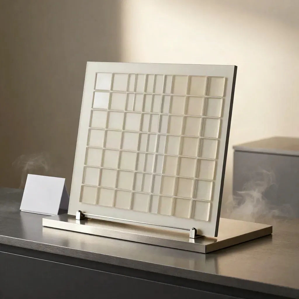 Modular KPI dashboard tiles locking into a brushed steel stand on a studio plinth with cool vapor.