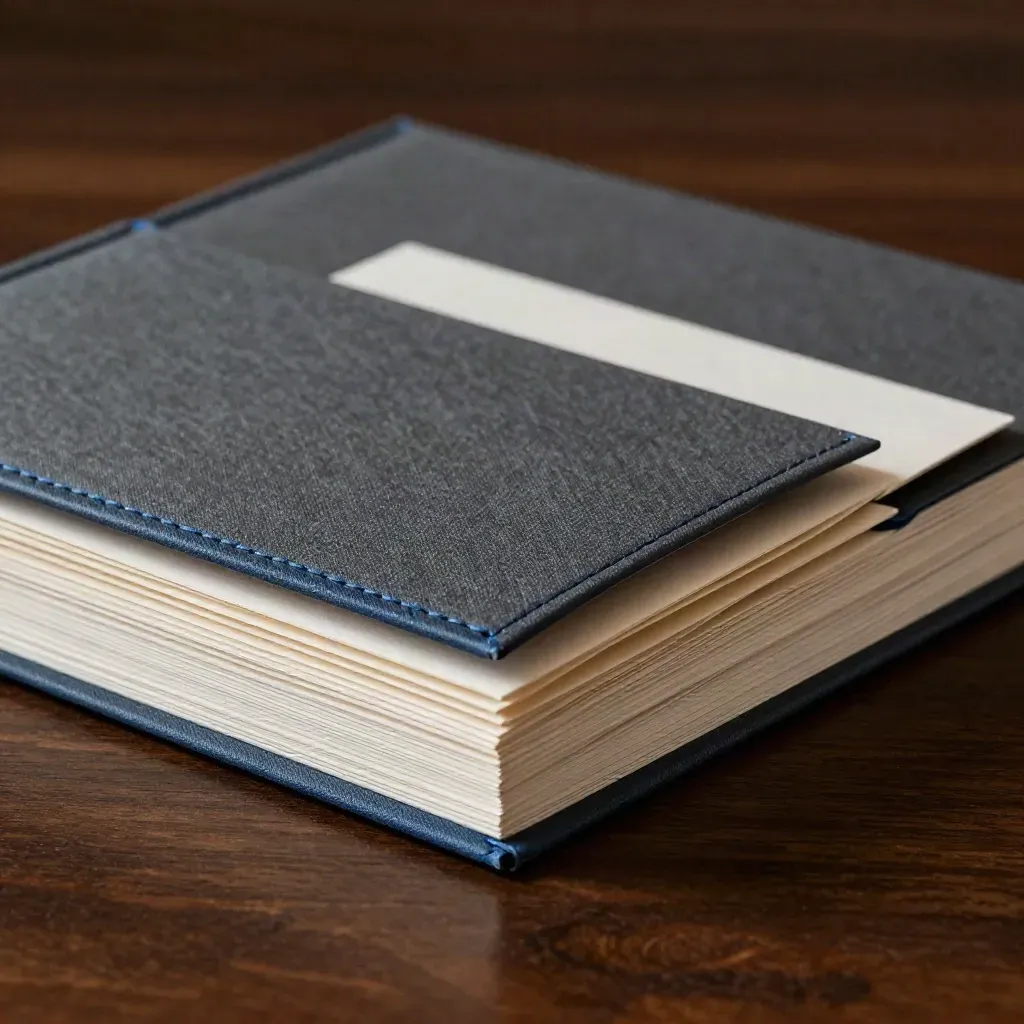 Half-open investor readiness folio on dark walnut, lit by a cool cobalt rim glow.