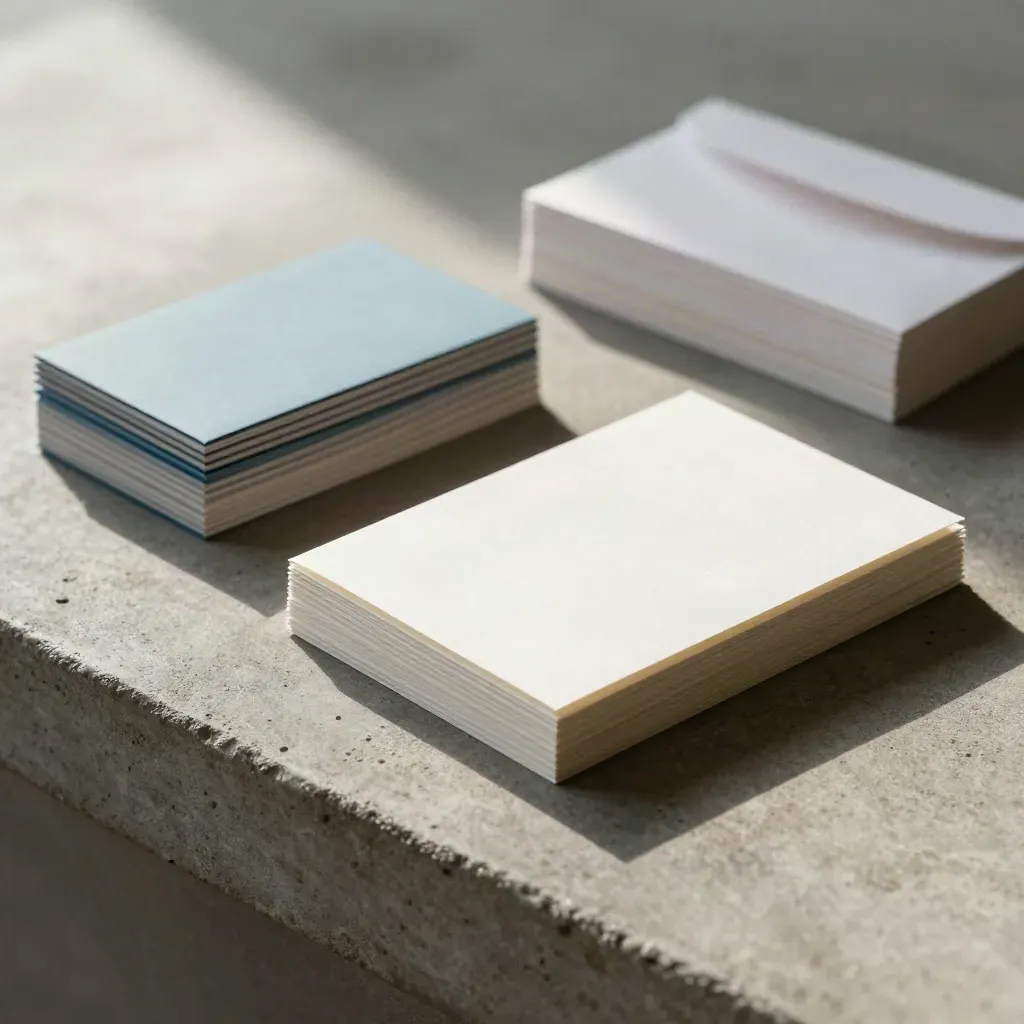 Unprinted consulting sample cards, flags and envelope stack fanned on cool concrete with soft blue accents.