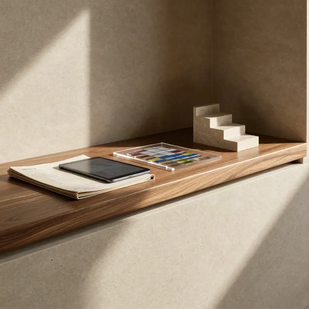 Sunlit limestone meeting corner with a walnut ledge and strategy objects for a growth brand.